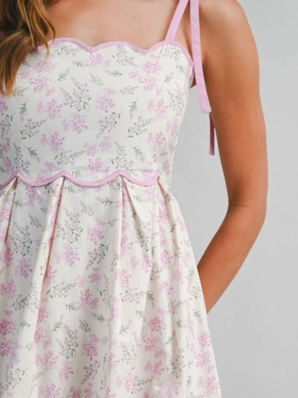 Floral Print Scallop Hem Contrast Self Tie Strap Midi Dress - Picture 7 of 7